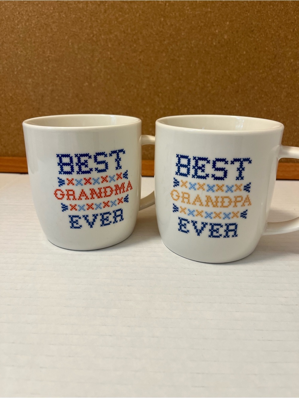 Best Grandma Ever White Ceramic Mug with Blue & Orange Cross-Stitch Print